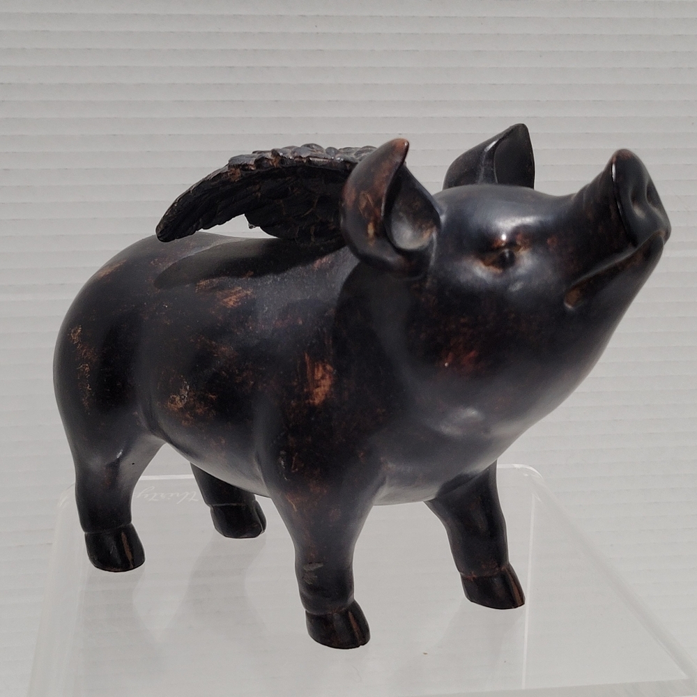 Pig Flying Sculpture Statue Dark Finish Resin Decor Vtg Country Farm - Picture 3 of 15